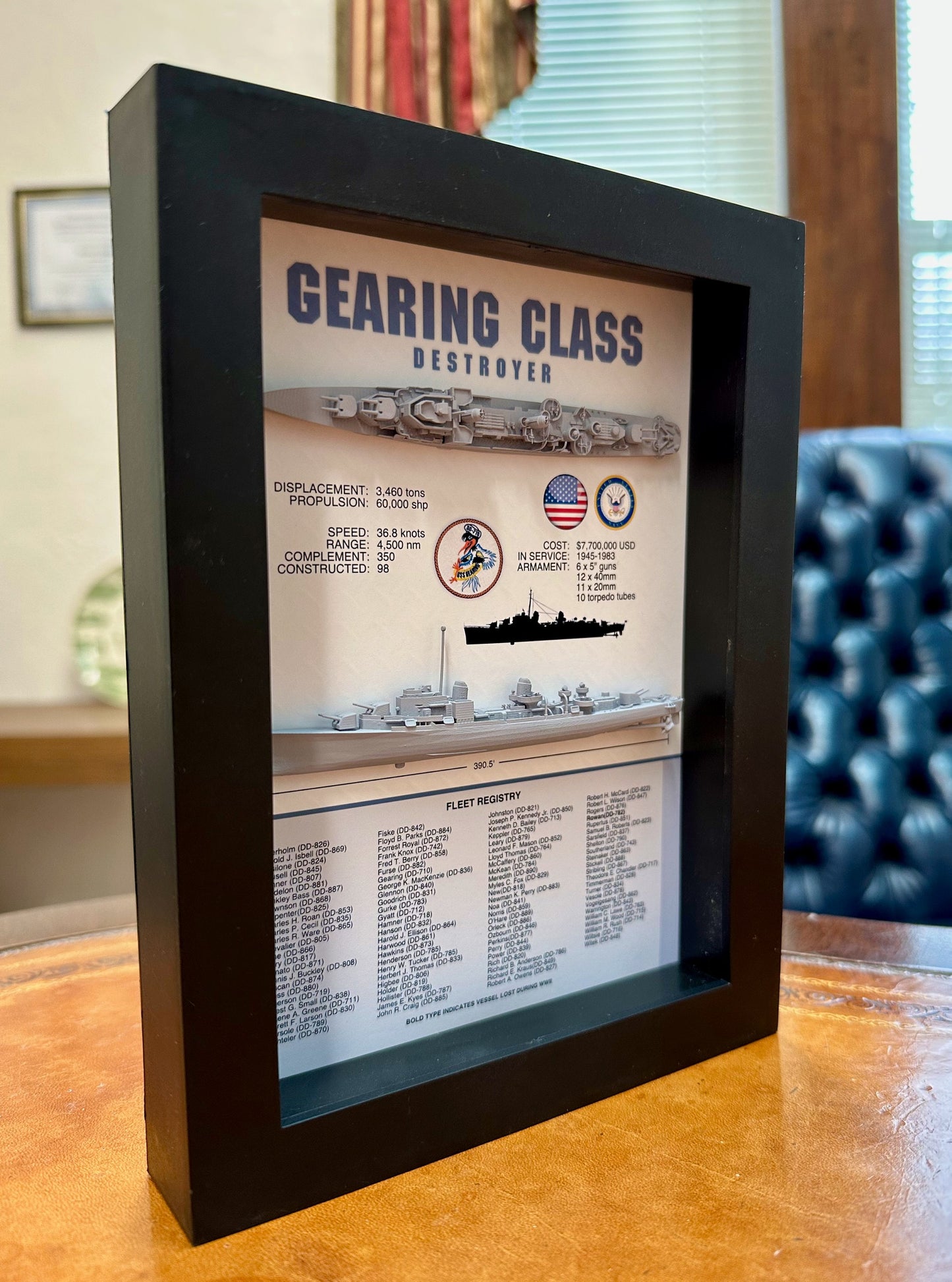 Gearing Class Destroyer Memorial Display Shadow Box, WW2, 6" x 8", Black