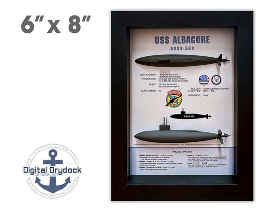 USS Albacore Submarine Memorial Display Shadow Box, AGSS-569, 6" x 8", Black