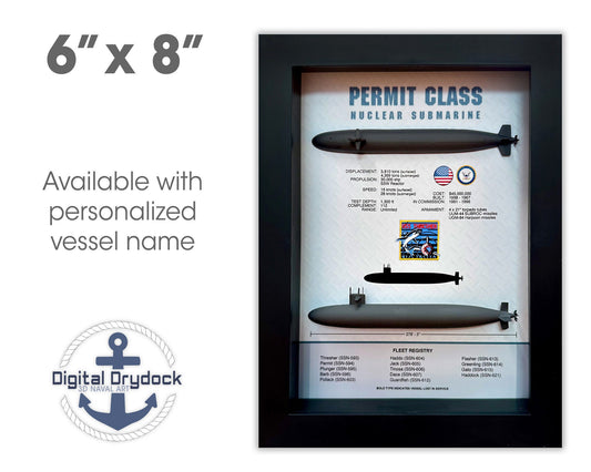 Permit Class Submarine Memorial Display Shadow Box, Thresher Class, 6" x 8", Black