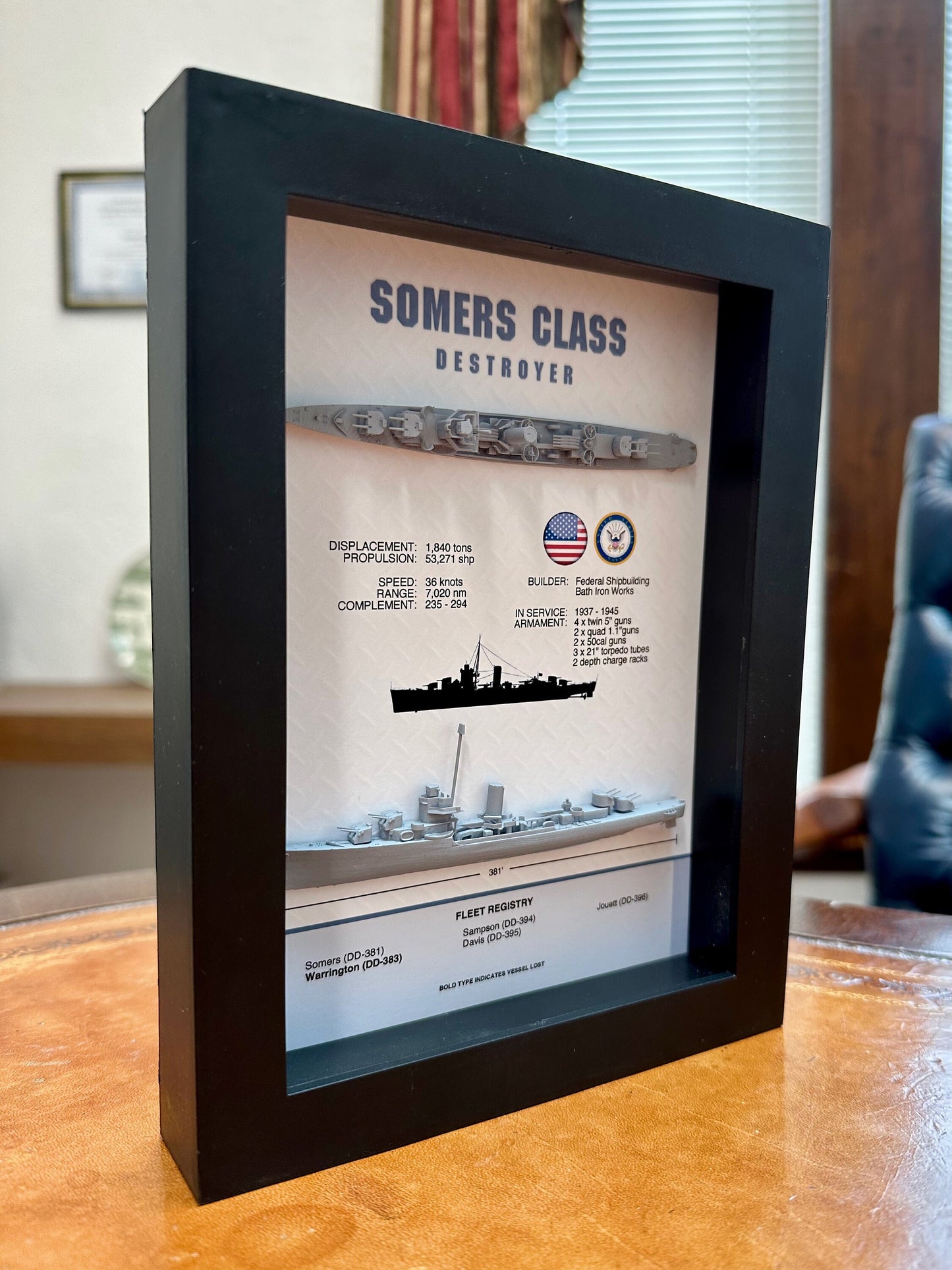 Somers Class Destroyer Memorial Display Shadow Box, WW2, 6" x 8", Black