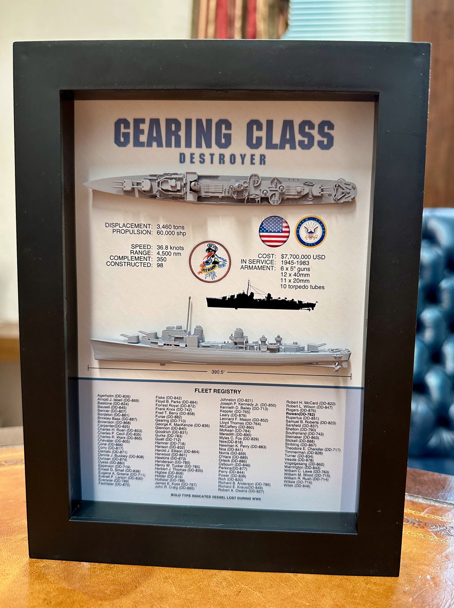 Gearing Class Destroyer Memorial Display Shadow Box, WW2, 6" x 8", Black