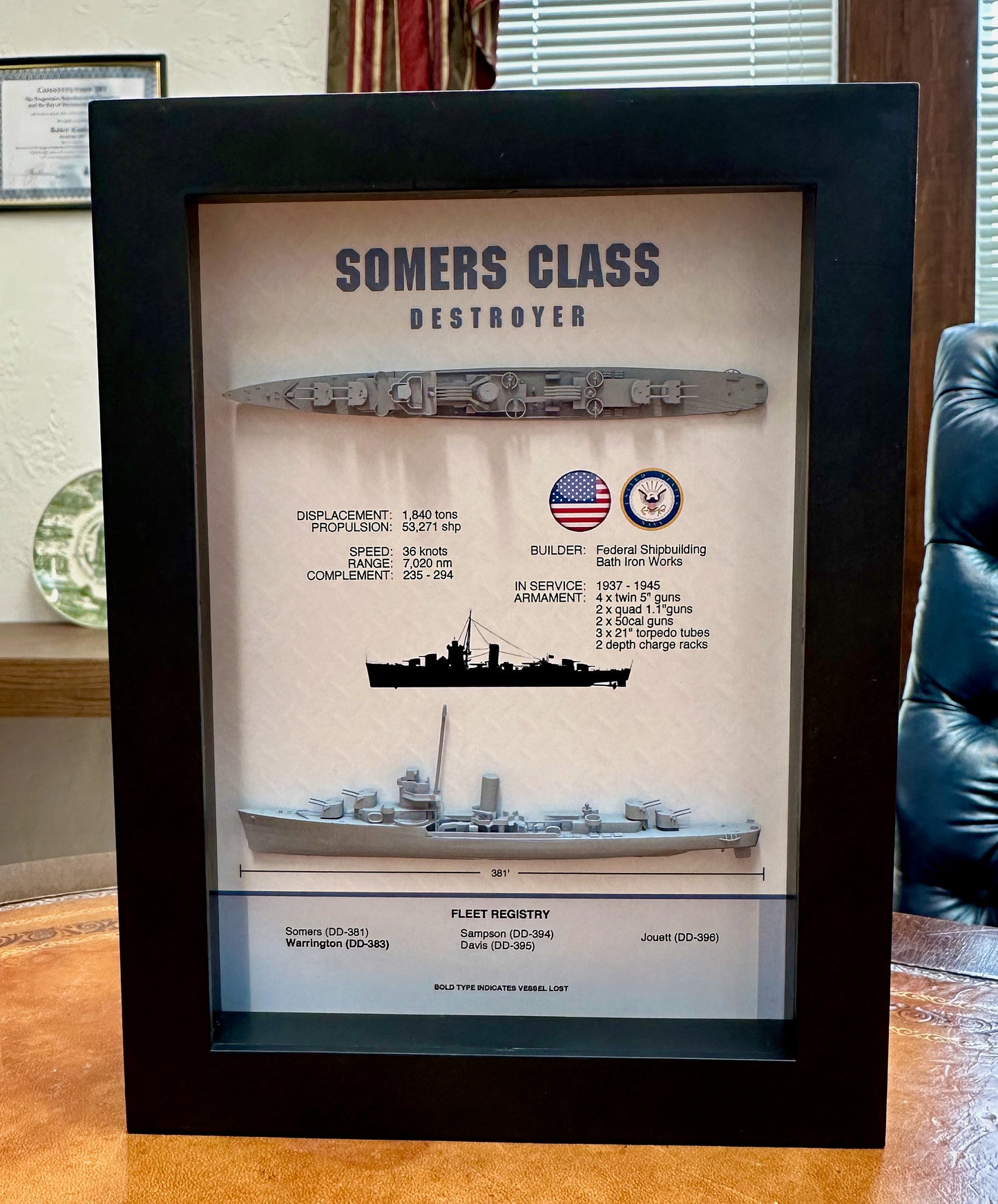 Somers Class Destroyer Memorial Display Shadow Box, WW2, 6" x 8", Black