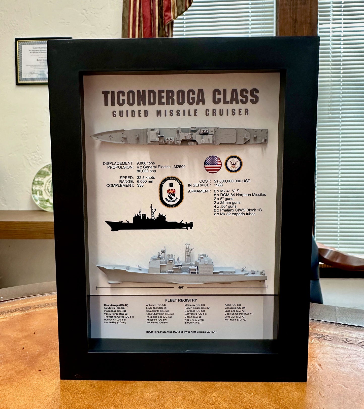 Ticonderoga Class Cruiser Memorial Display Shadow Box, 6" x 8", Black