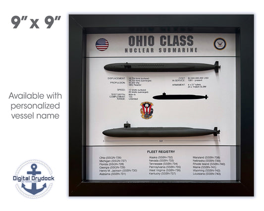 Ohio Class Submarine Memorial Display Shadow Box, 9" x 9", Large, Black