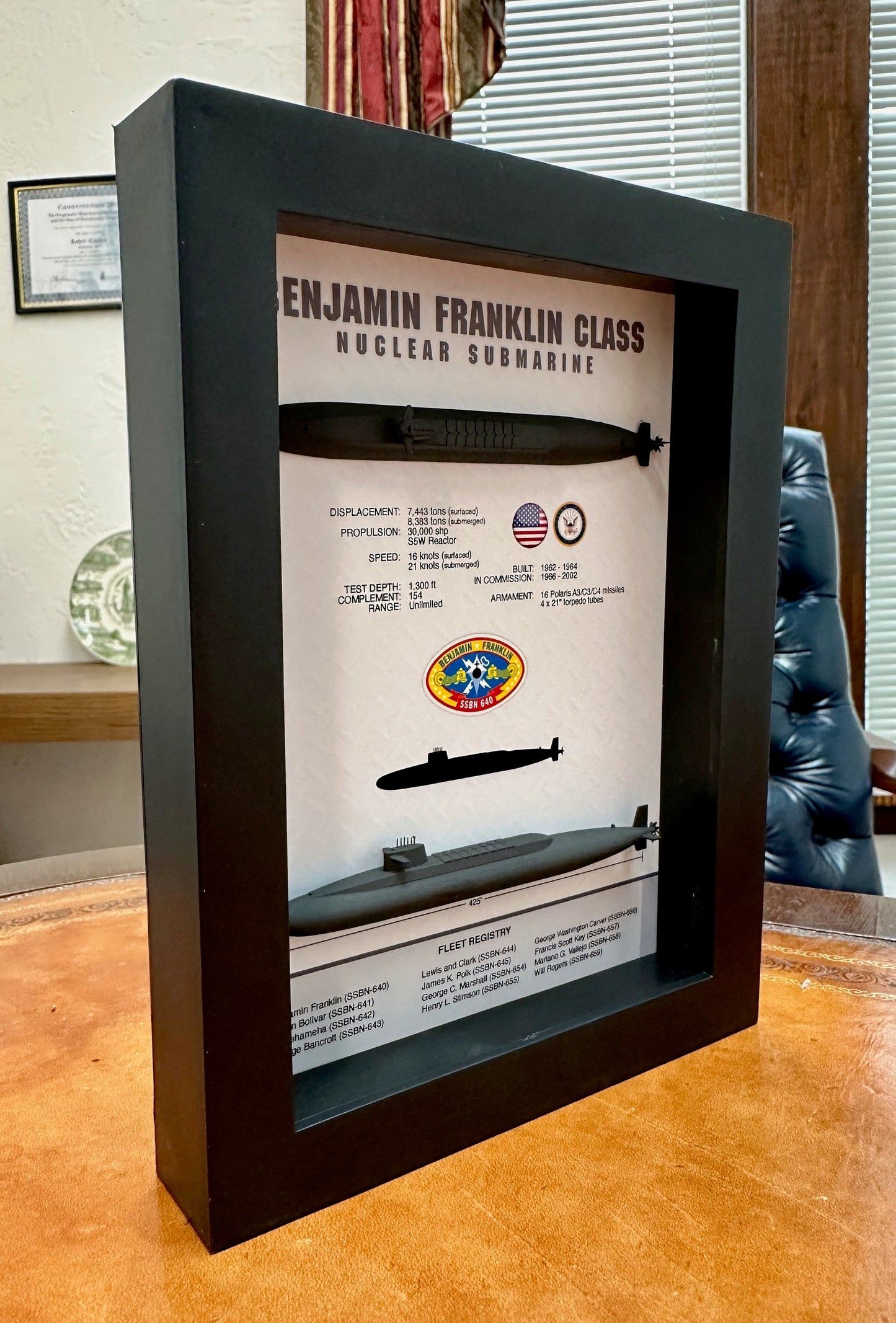 Benjamin Franklin Class, Submarine Memorial Display Shadow Box, 6" x 8", Black