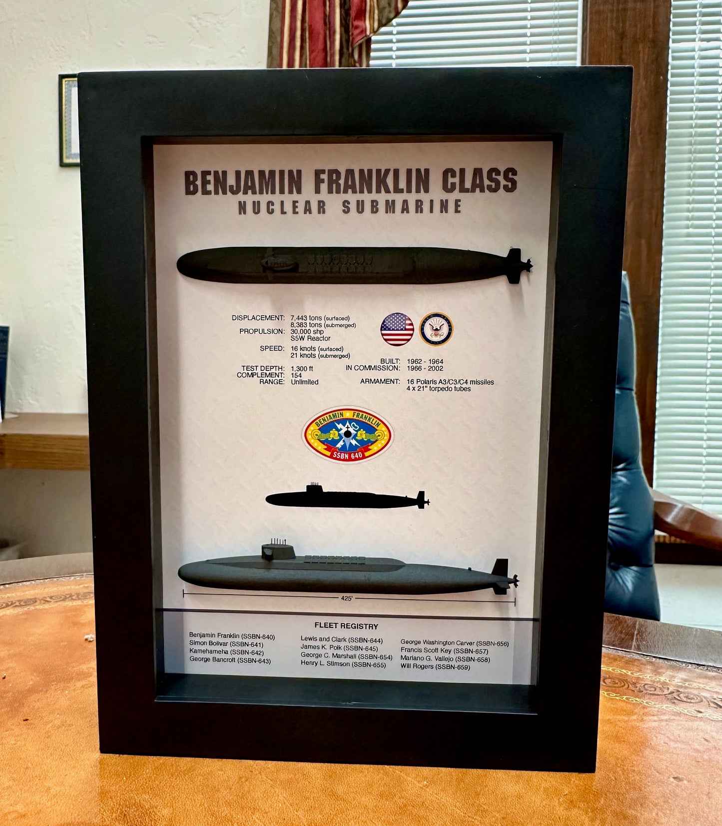 Benjamin Franklin Class, Submarine Memorial Display Shadow Box, 6" x 8", Black