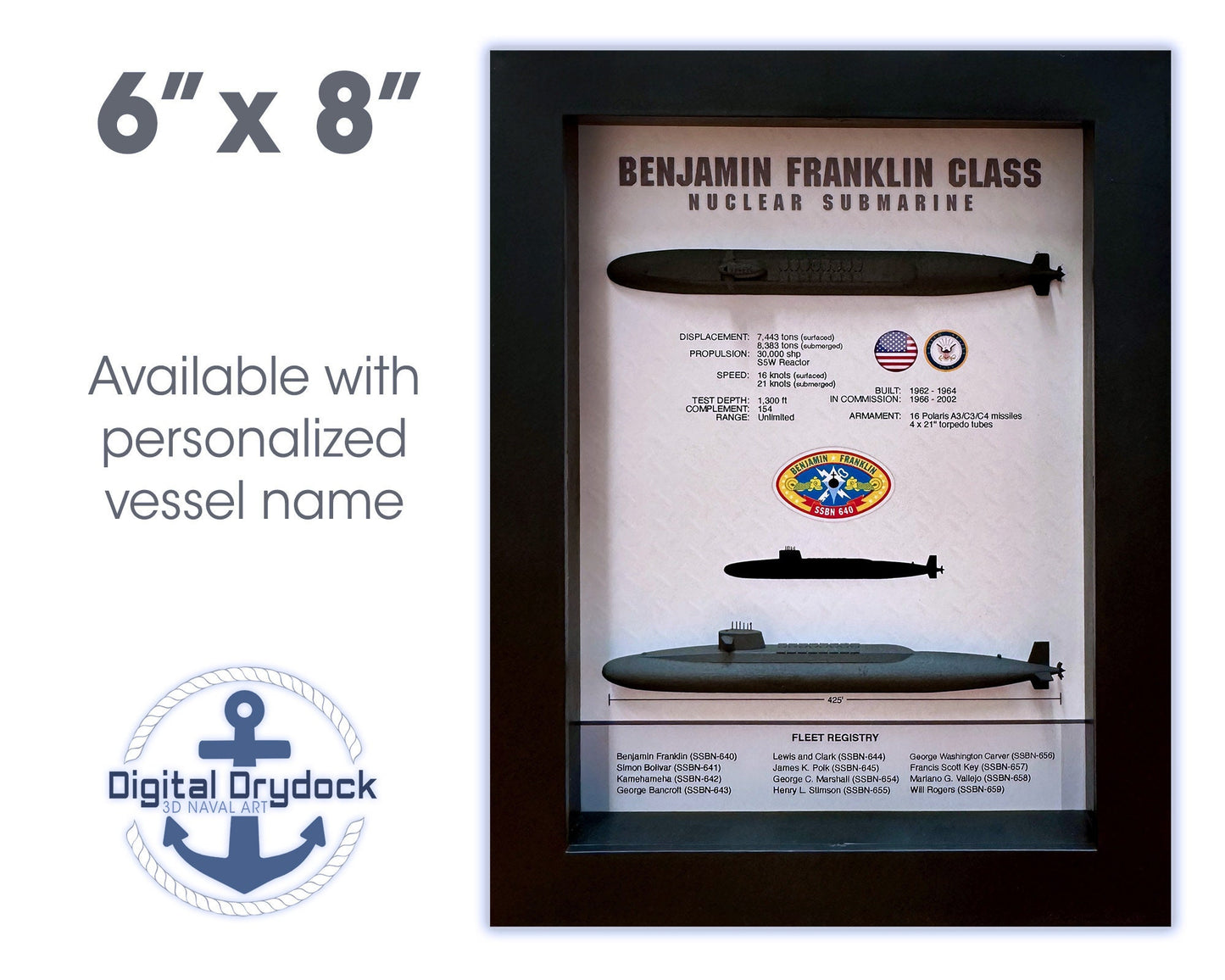 Benjamin Franklin Class, Submarine Memorial Display Shadow Box, 6" x 8", Black