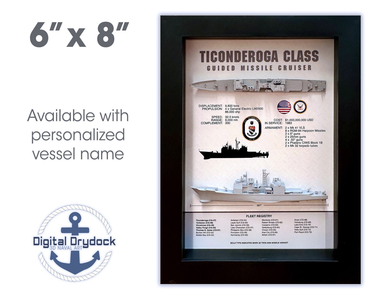 Ticonderoga Class Cruiser Memorial Display Shadow Box, 6" x 8", Black