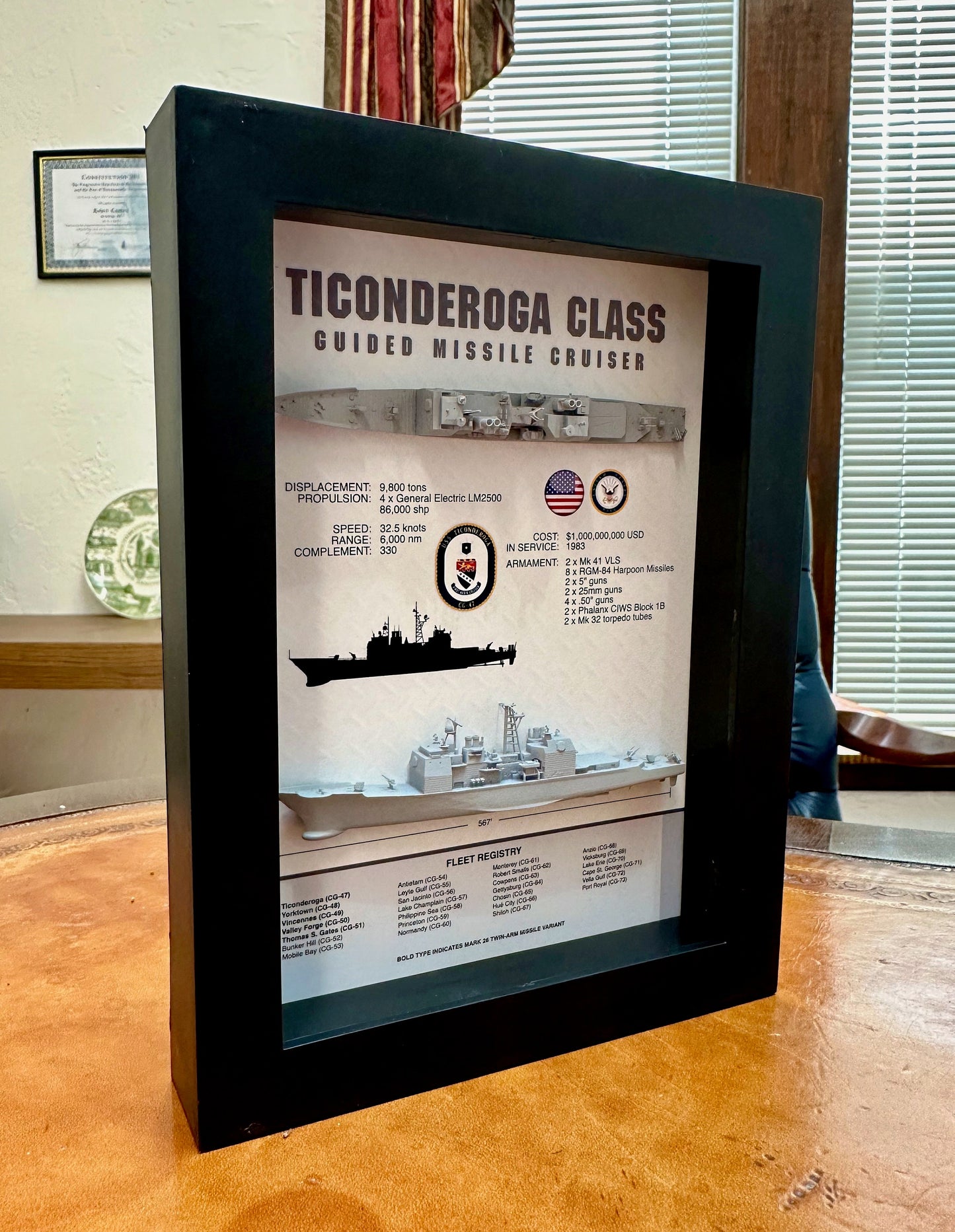 Ticonderoga Class Cruiser Memorial Display Shadow Box, 6" x 8", Black