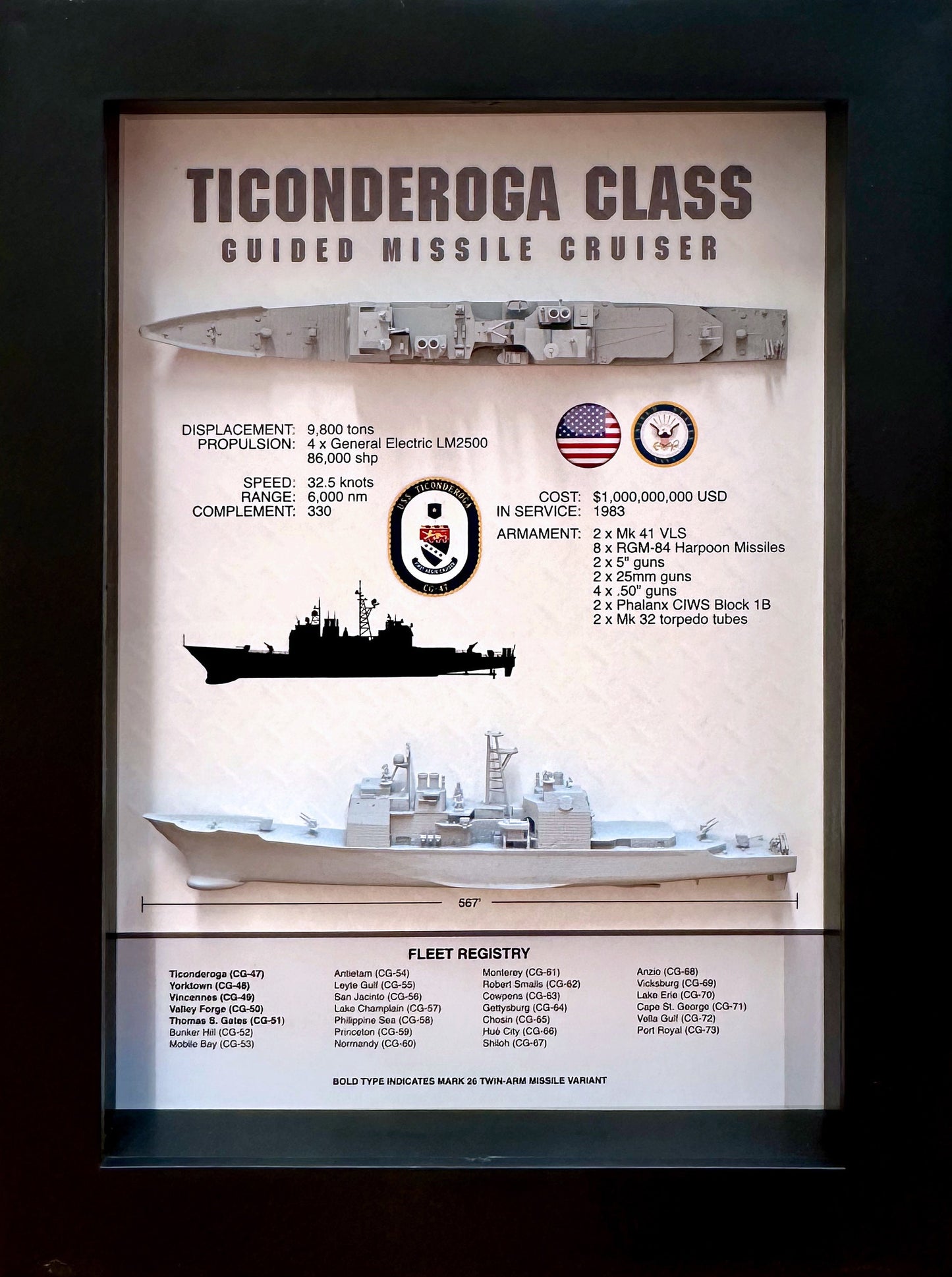 Ticonderoga Class Cruiser Memorial Display Shadow Box, 6" x 8", Black