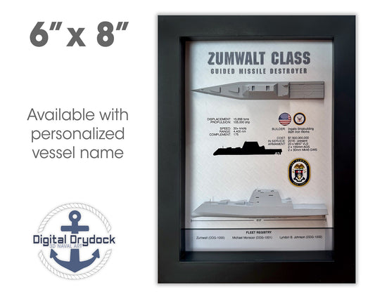 Zumwalt Class, Guided Missile Destroyer Memorial Display Shadow Box, 6" x 8", Black