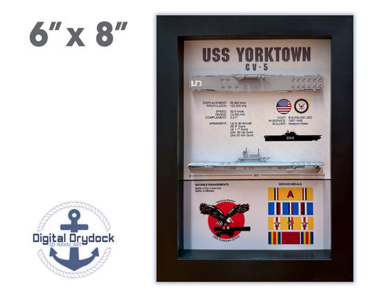 USS Yorktown Memorial Display Shadow Box, CV-5, 6" x 8", Black