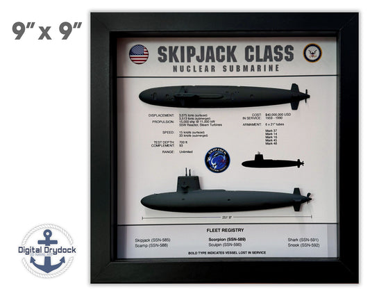 Skipjack Class Submarine Memorial Display Shadow Box, 9" x 9", Black