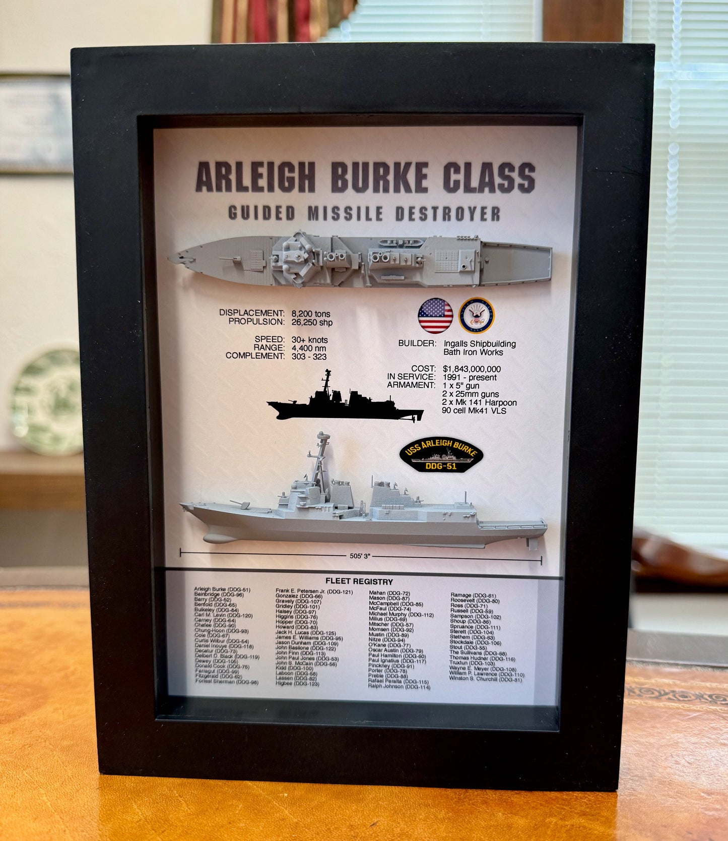 Arleigh Burke Class Destroyer Memorial Display Shadow Box, 6" x 8", Black