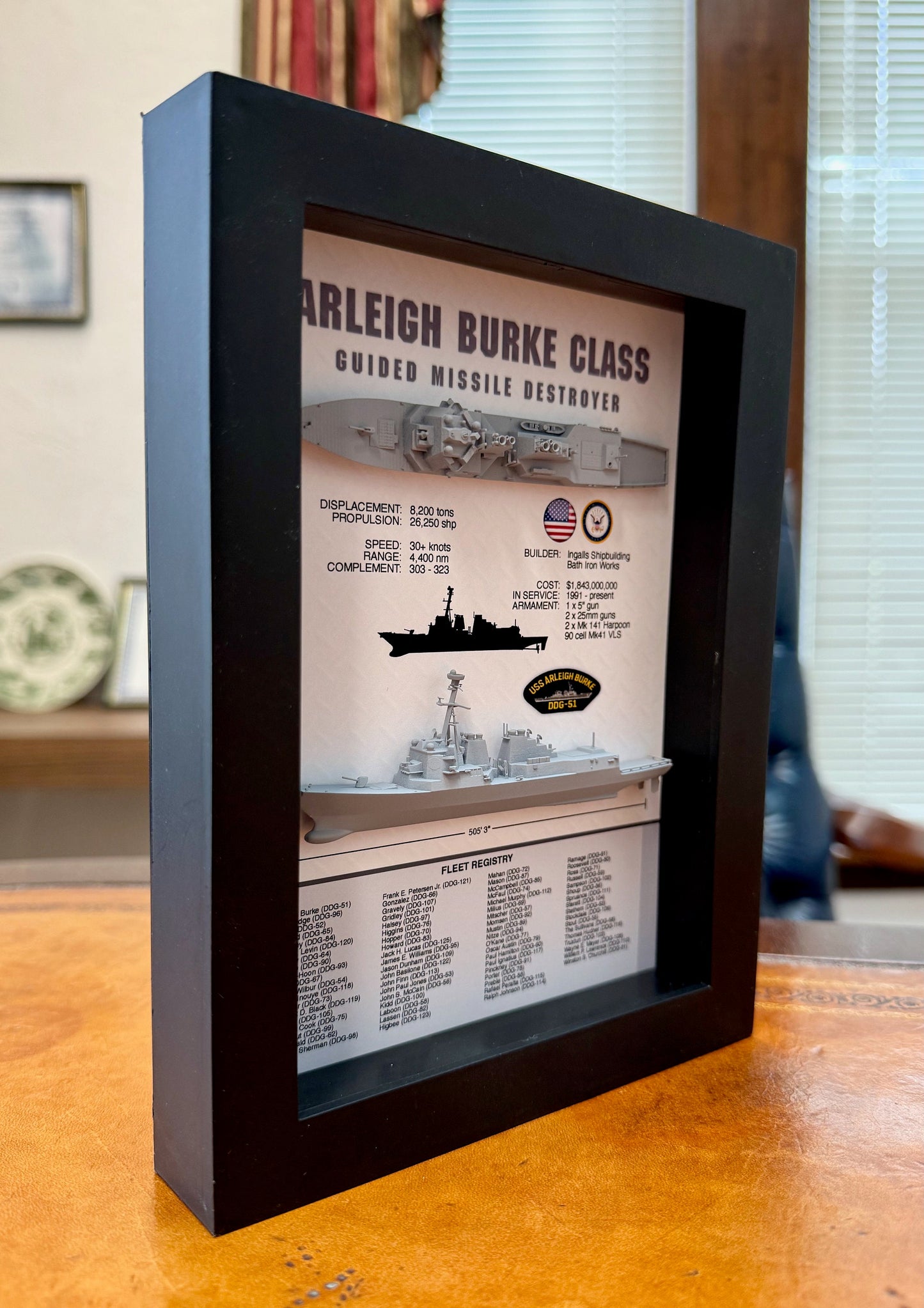 Arleigh Burke Class Destroyer Memorial Display Shadow Box, 6" x 8", Black