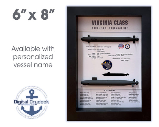 Virginia Class Submarine Memorial Display Shadow Box, SSN-774, 6" x 8", Black