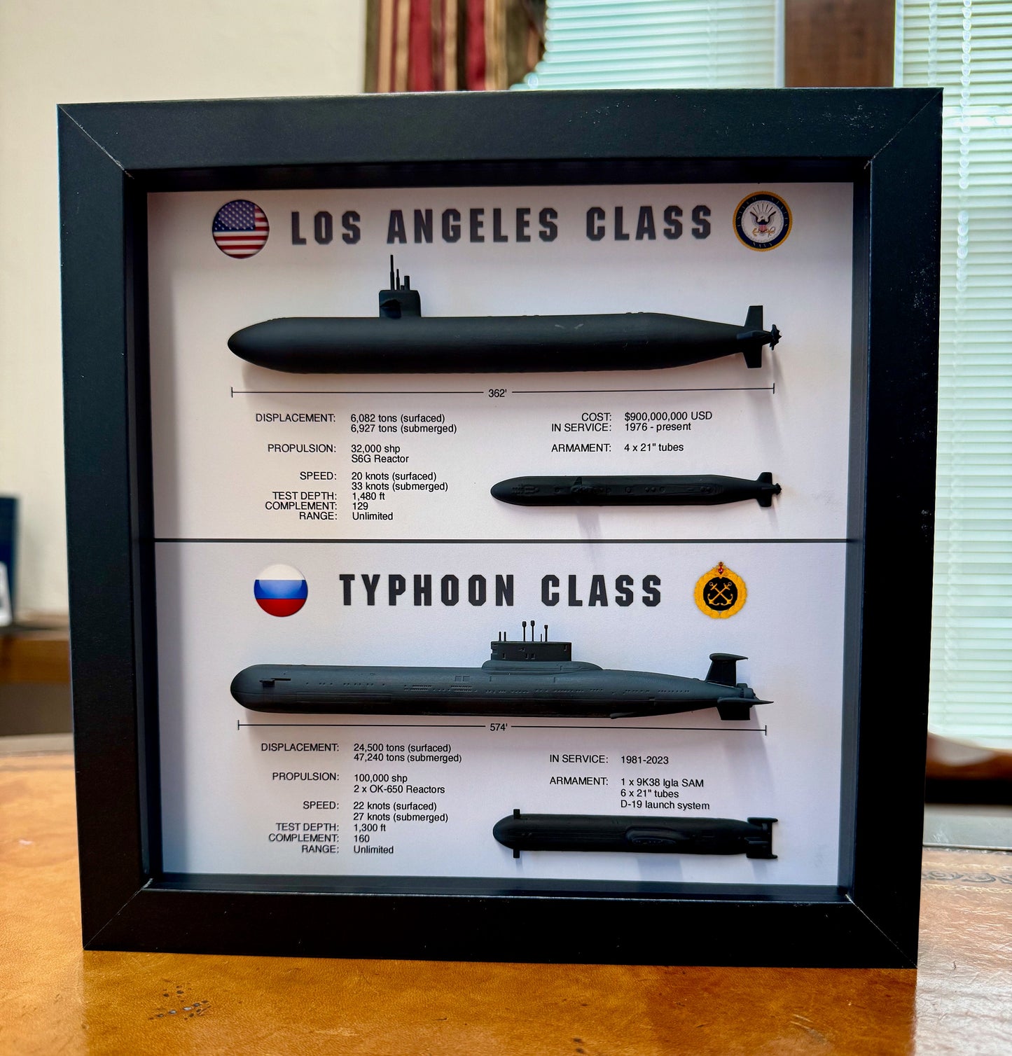 Hunter and Hunted: Los Angeles Class & Typhoon Class Submarine Memorial Display Shadow Box, 9" x 9", Large, Black