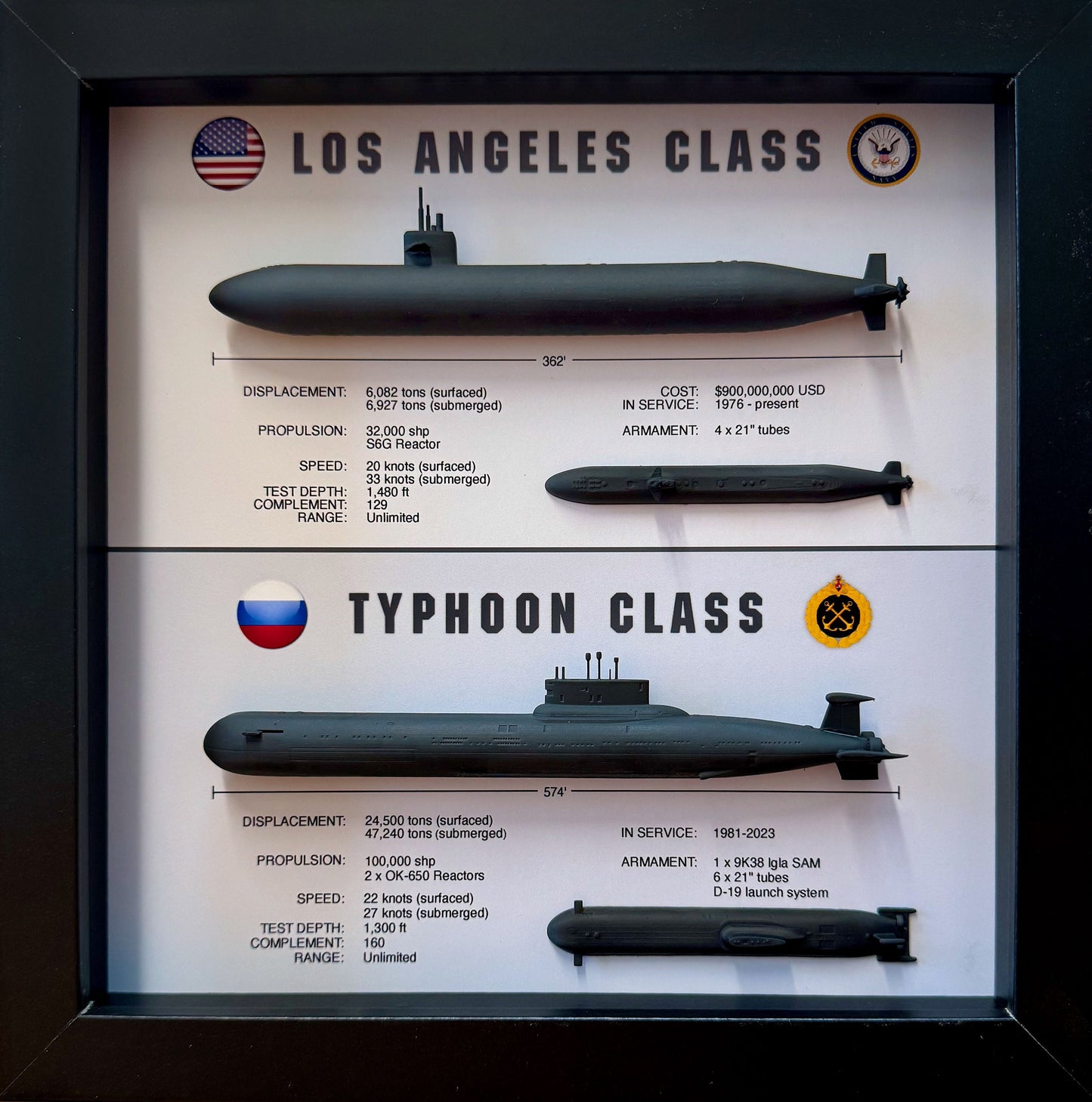 Hunter and Hunted: Los Angeles Class & Typhoon Class Submarine Memorial Display Shadow Box, 9" x 9", Large, Black