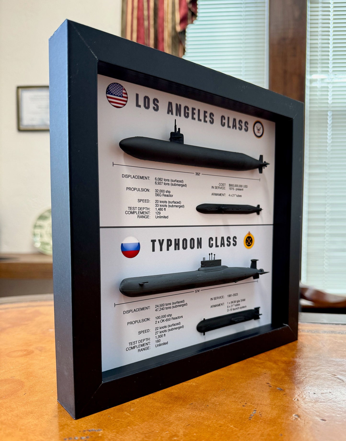 Hunter and Hunted: Los Angeles Class & Typhoon Class Submarine Memorial Display Shadow Box, 9" x 9", Large, Black