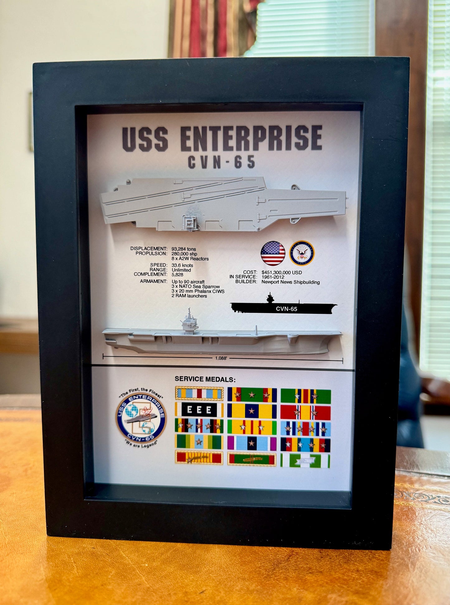 Enterprise CVN-65, Memorial Display Shadow Box, Navy, Aircraft Carrier, 6" x 8"