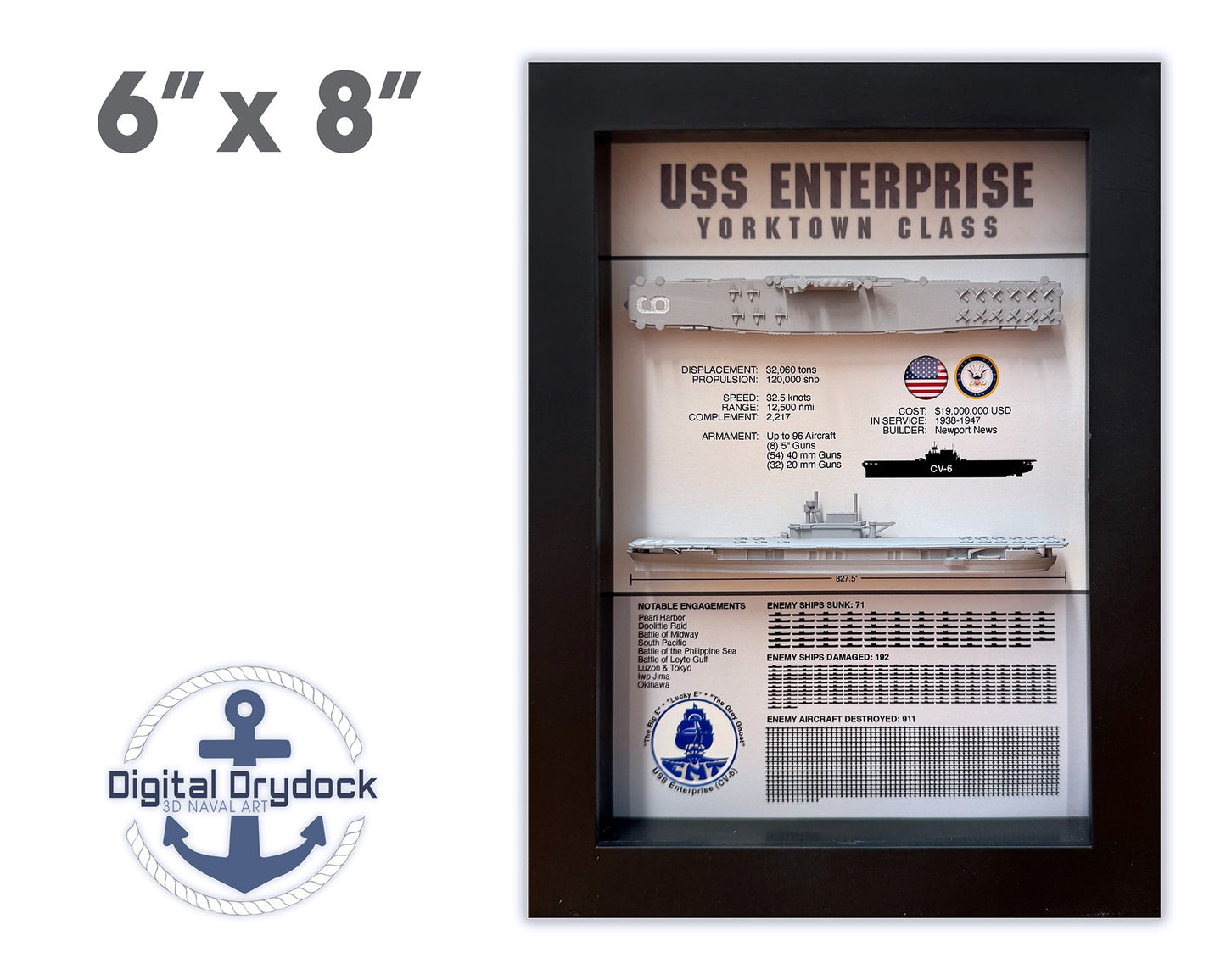 USS Enterprise Memorial Display Shadow Box, CV-6, 6" x 8", Black