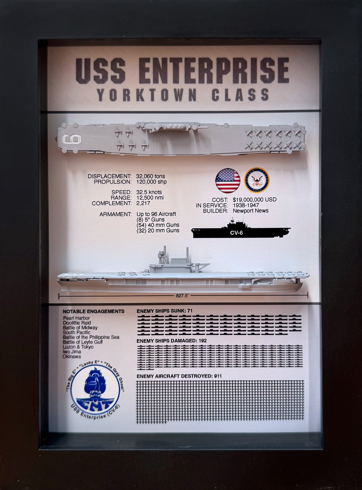 USS Enterprise Memorial Display Shadow Box, CV-6, 6" x 8", Black