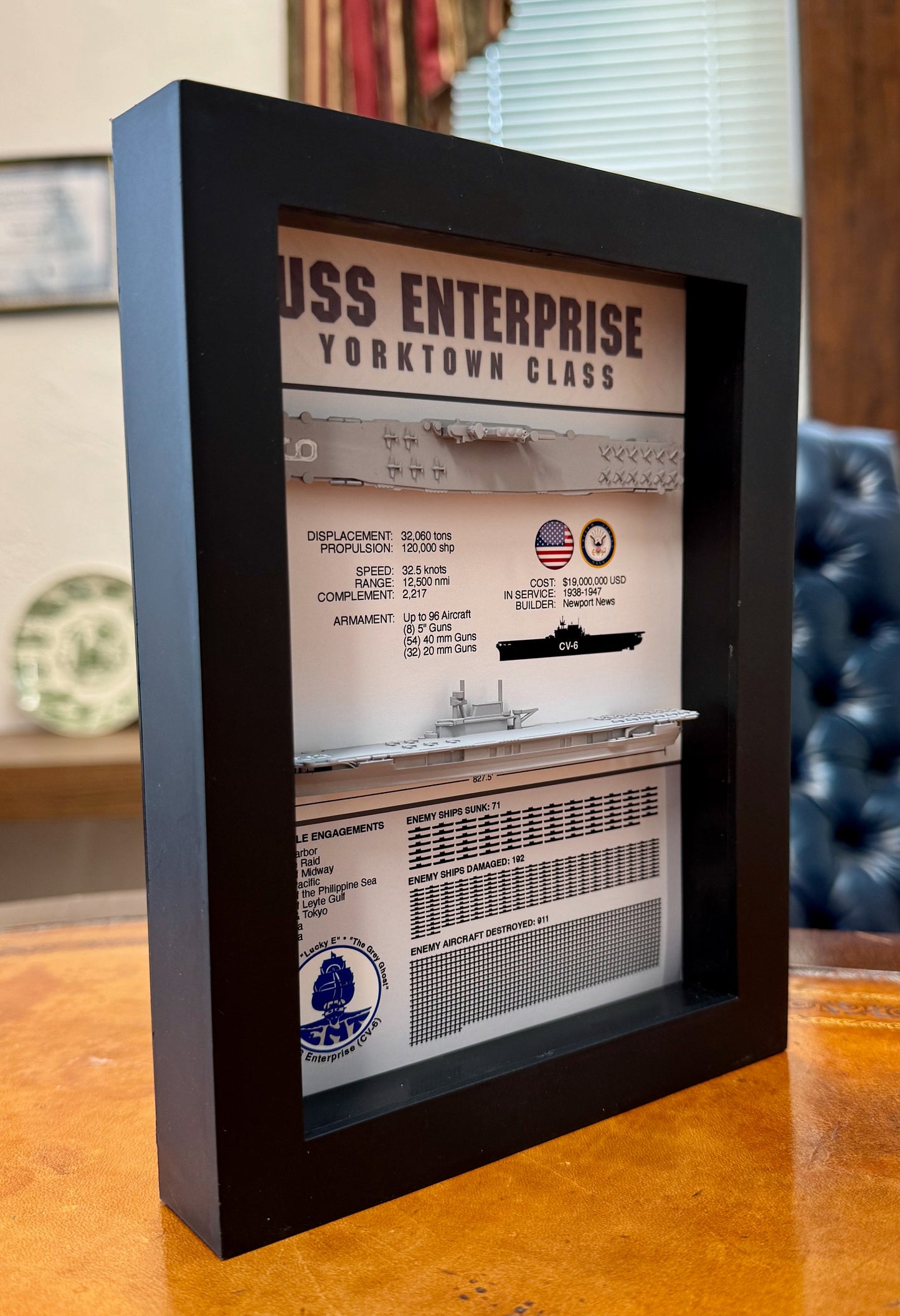 USS Enterprise Memorial Display Shadow Box, CV-6, 6" x 8", Black