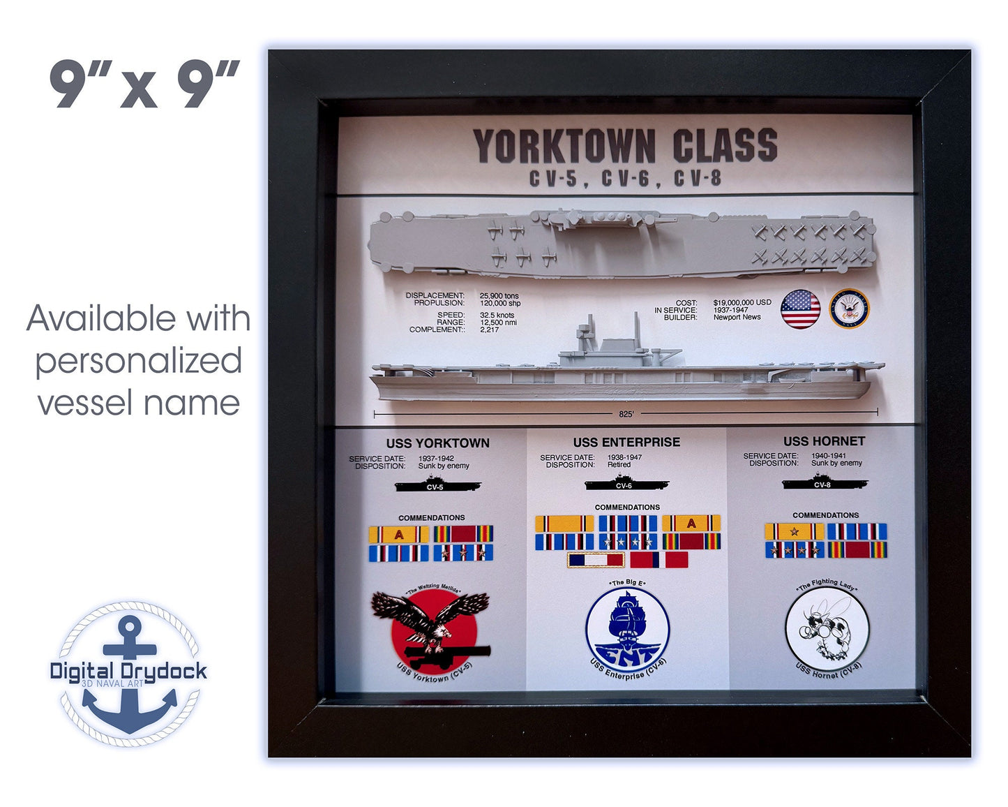 Yorktown Class Carrier Display Shadow Box, CV-5, CV-6, CV-8, Enterprise, 9" x 9", Black