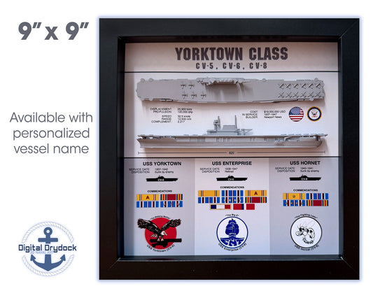 Yorktown Class Carrier Display Shadow Box, CV-5, CV-6, CV-8, Enterprise, 9" x 9", Black