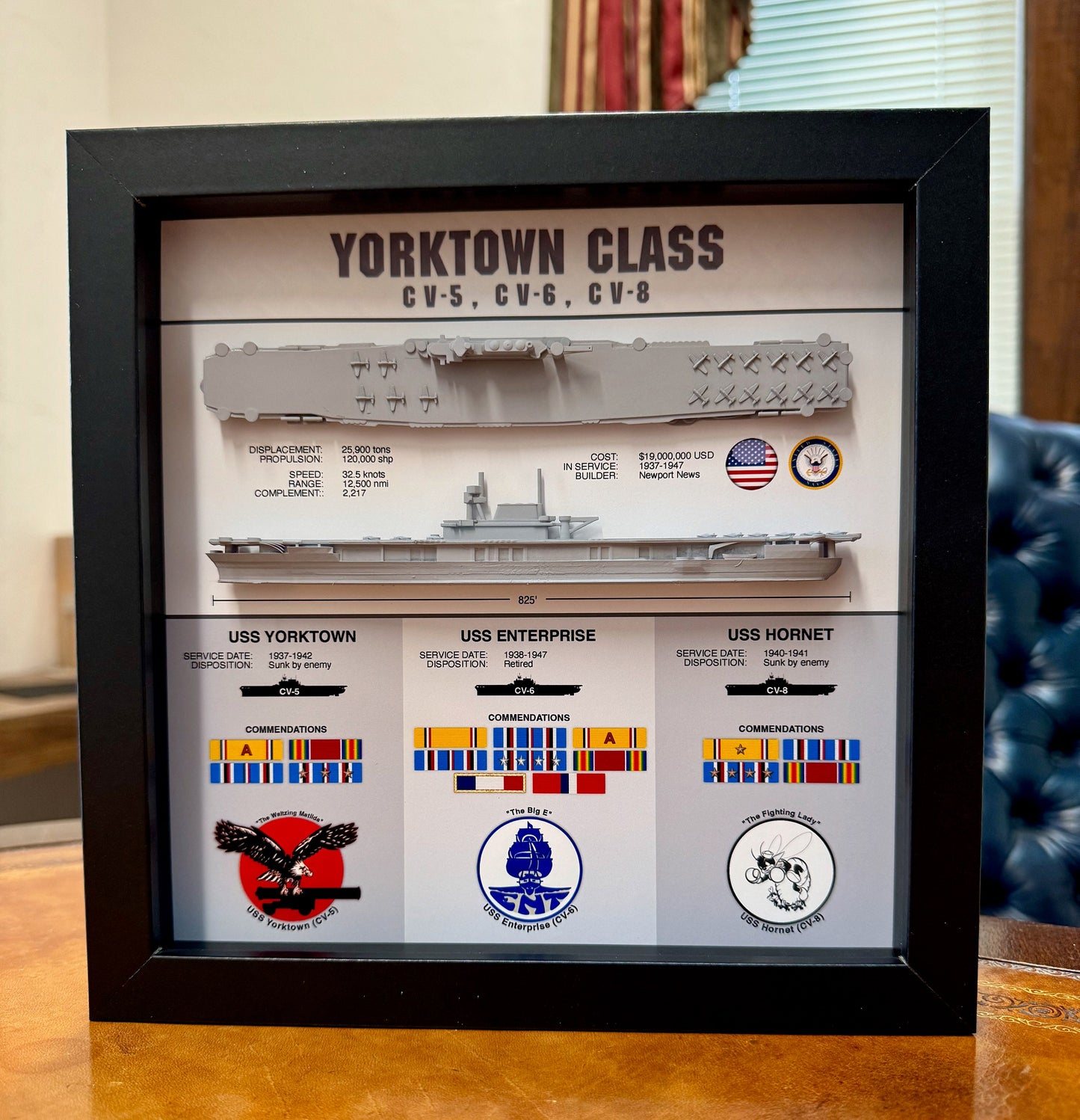 Yorktown Class Carrier Display Shadow Box, CV-5, CV-6, CV-8, Enterprise, 9" x 9", Black