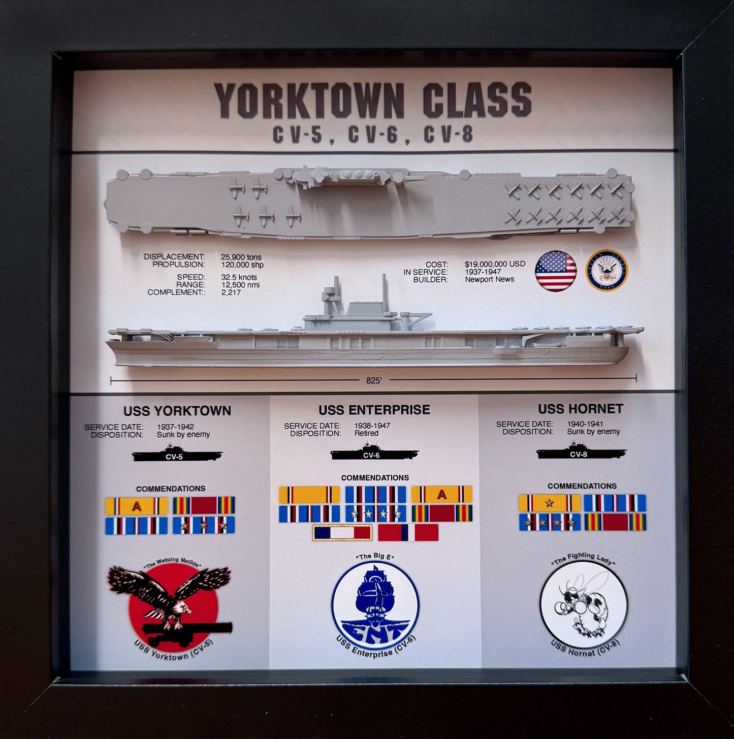 Yorktown Class Carrier Display Shadow Box, CV-5, CV-6, CV-8, Enterprise, 9" x 9", Black