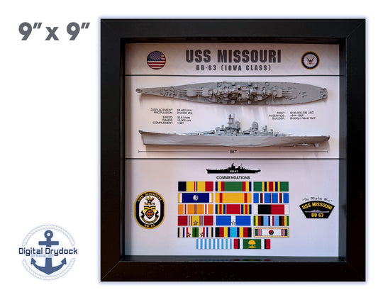 USS Missouri Battleship Display Shadow Box, BB-63, Iowa Class, WW2, 9" x 9", Black