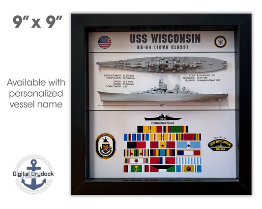 USS Wisconsin Battleship Display Shadow Box, BB-64, Iowa Class, WW2, 9" x 9", Black