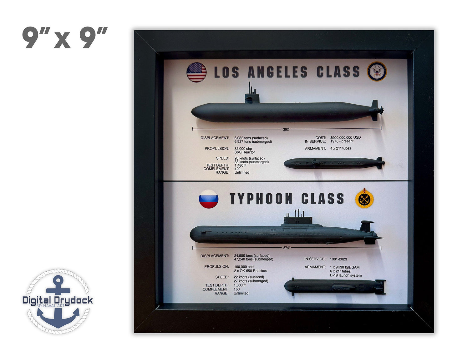 Hunter and Hunted: Los Angeles Class & Typhoon Class Submarine Memorial Display Shadow Box, 9" x 9", Large, Black