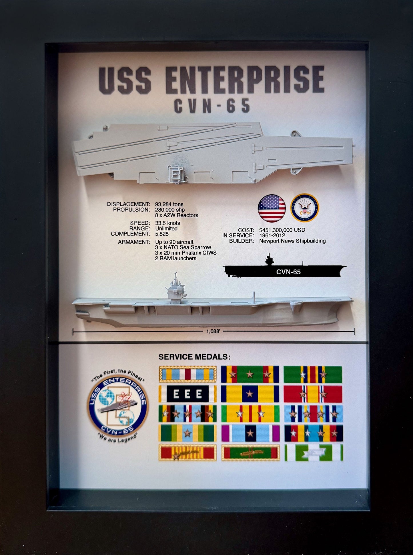 Enterprise CVN-65, Memorial Display Shadow Box, Navy, Aircraft Carrier, 6" x 8"