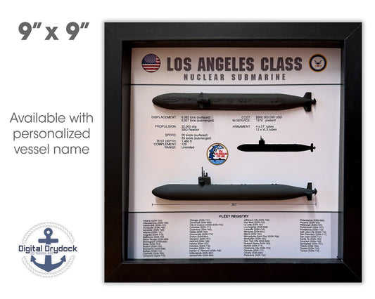 Los Angeles Class Submarine Memorial Display, 688, Shadow Box, 9" x 9", Black, Large