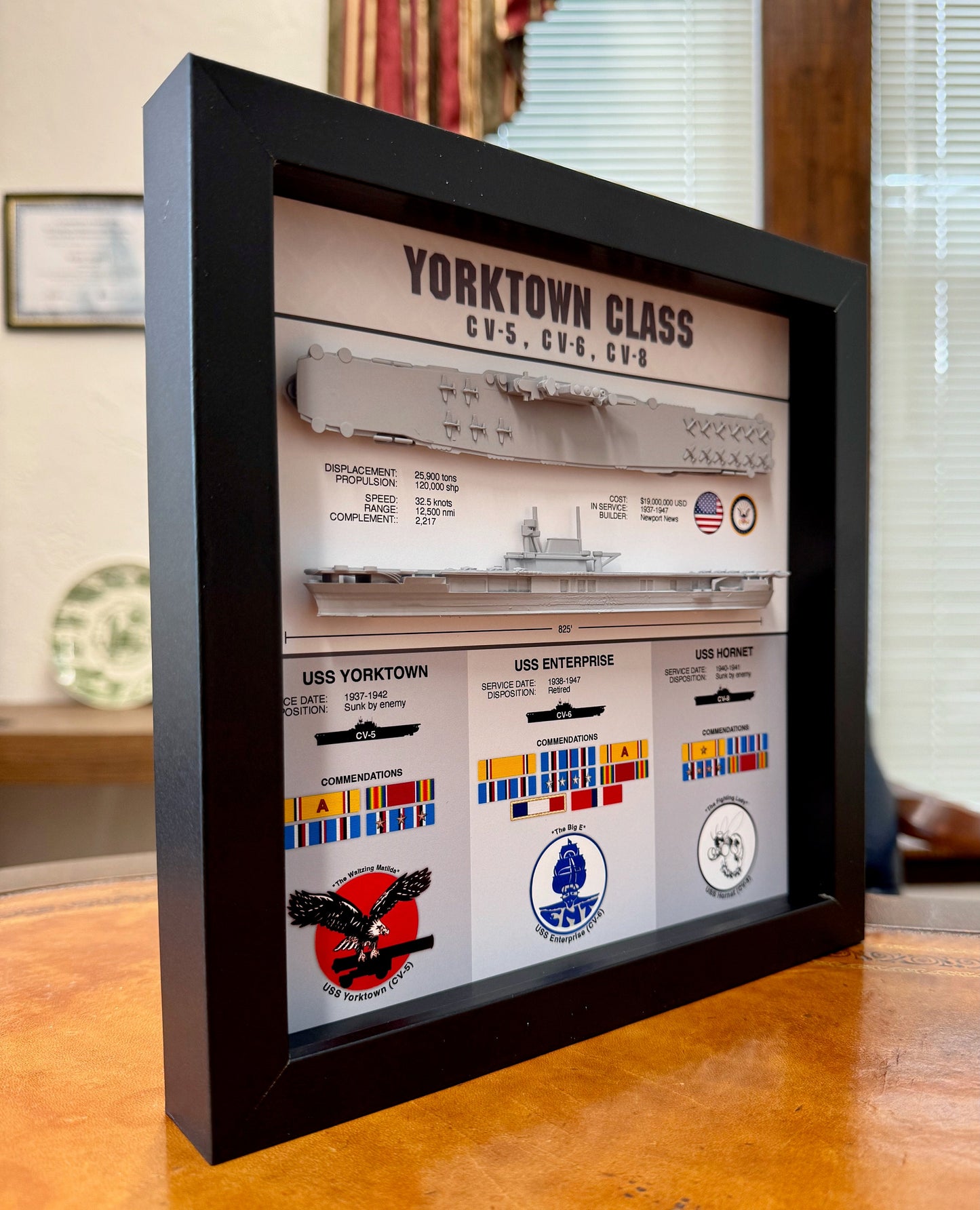 Yorktown Class Carrier Display Shadow Box, CV-5, CV-6, CV-8, Enterprise, 9" x 9", Black